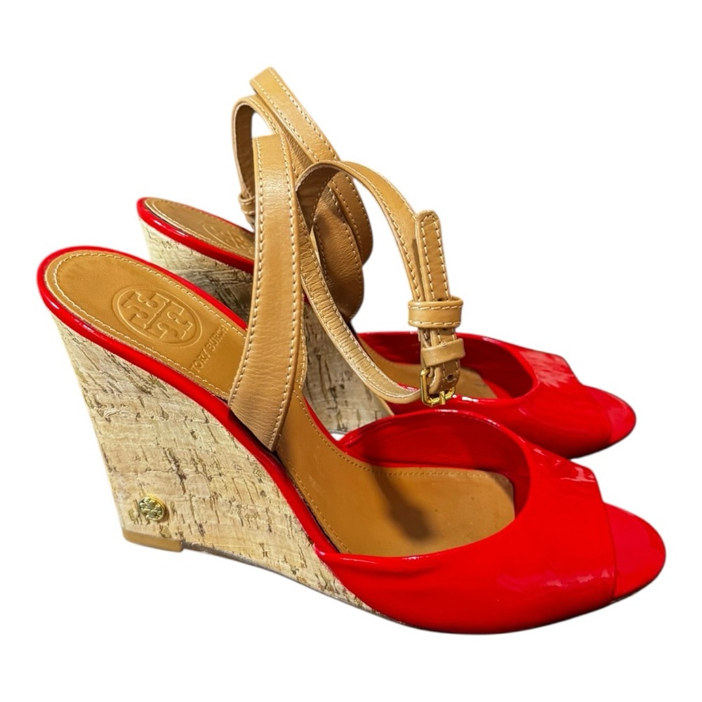 Tory Burch Red Patent Leather Strappy Cork Wedge Sandals Size 8